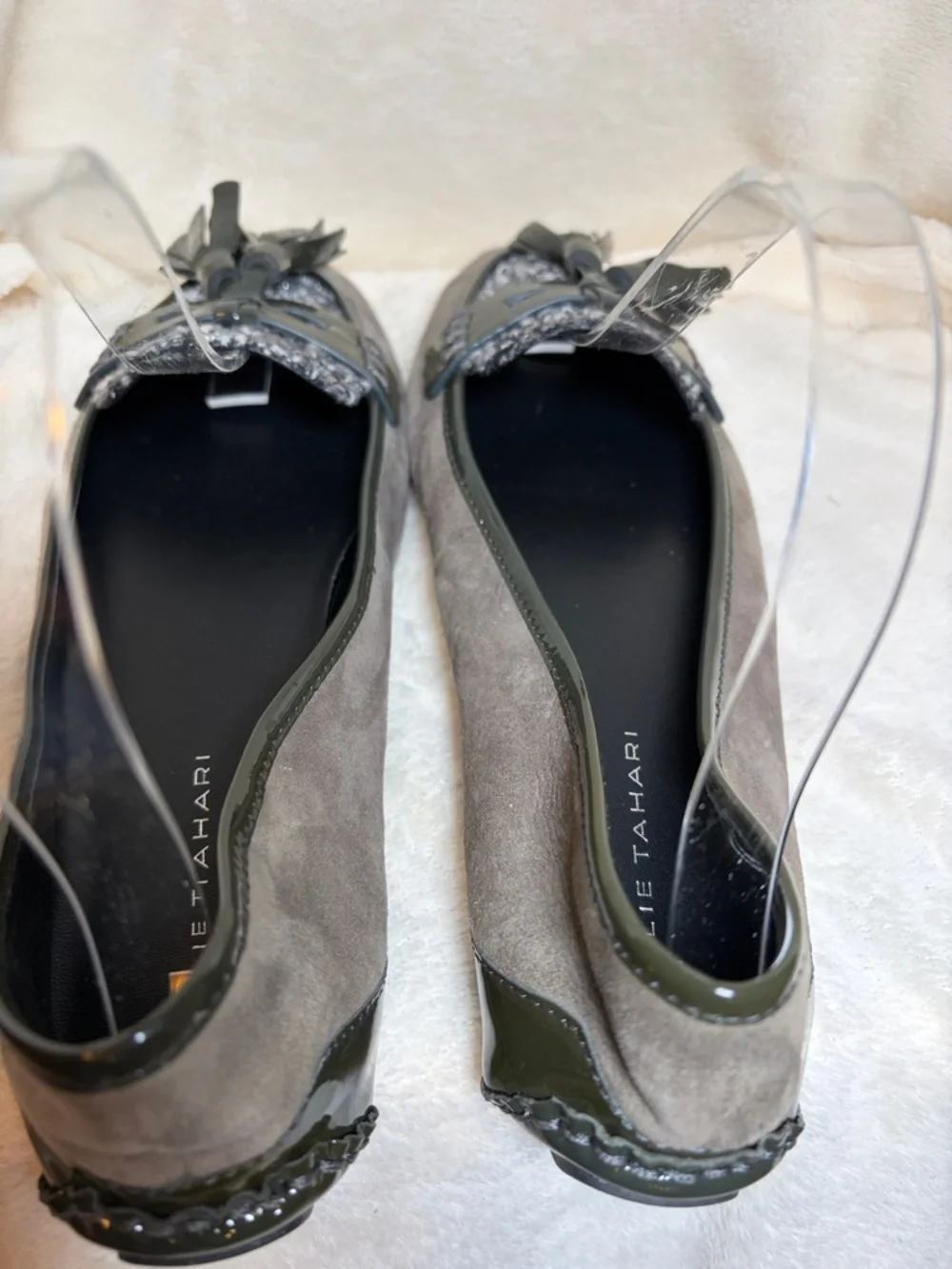 Elie Tahari Gray Suede Loafers with Tweed and Patent‎ Tassels